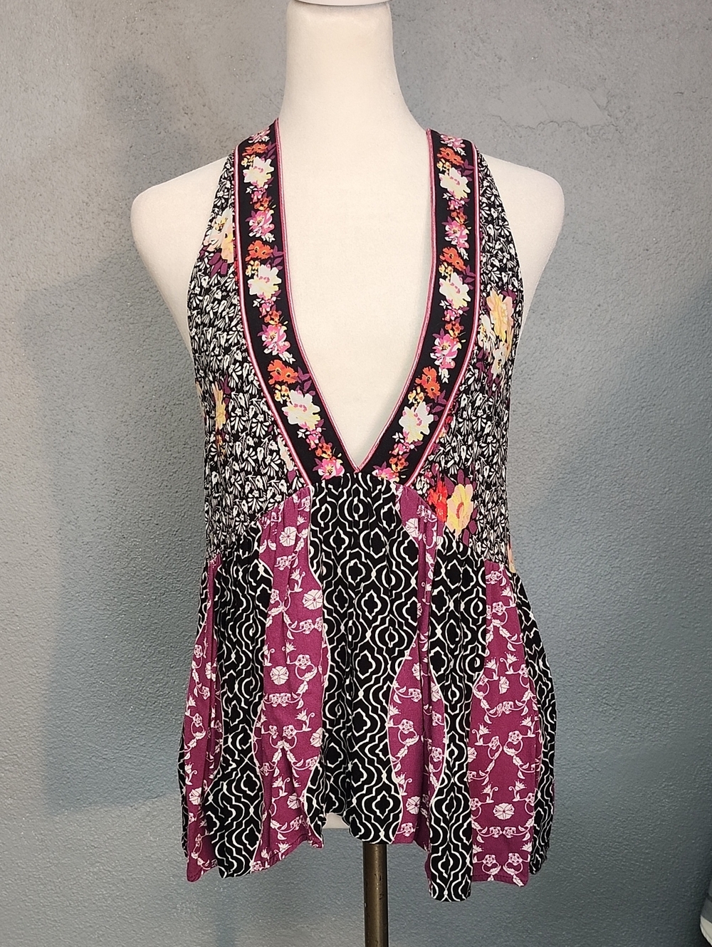 Free People Floral Patchwork V-Neck Halter Tank Top - Pink/Black